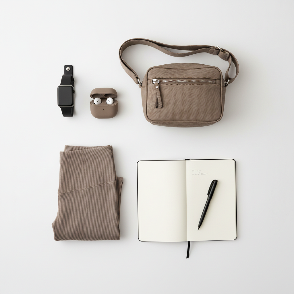 A carefully curated flat lay of modern sport and fashion accessories on a matte white surface: a glossy black smartwatch, a pair of wireless earbuds in a smooth charging case, a structured vegan leather crossbody bag with metal zipper details, and a folded pair of high-waisted ribbed leggings in muted taupe. A minimalist notebook with a fine-line pen lies partially open, hinting at handwritten notes. Soft, diffused overhead daylight eliminates harsh shadows, creating a clean, editorial mood. Photographic realism, shot from a bird’s-eye view with sharp focus throughout. The atmosphere is organized and analytical, conveying professional, honest opinions about how these items perform in everyday active life.